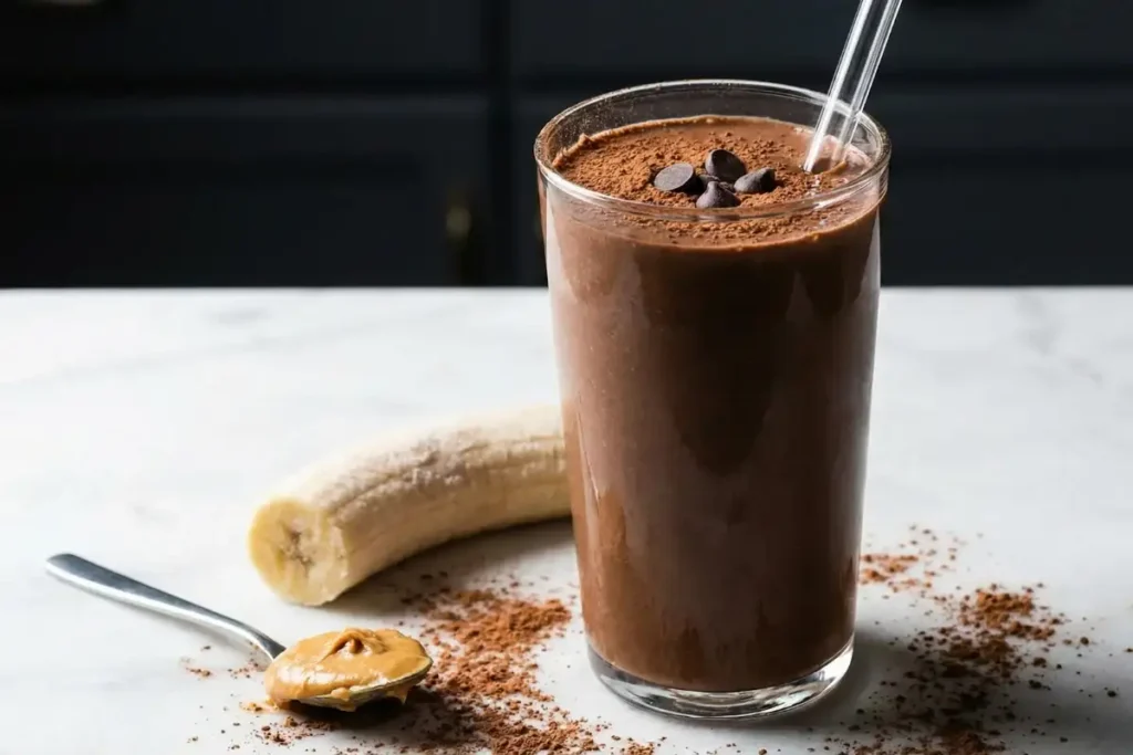 Chocolate protein smoothie in glass