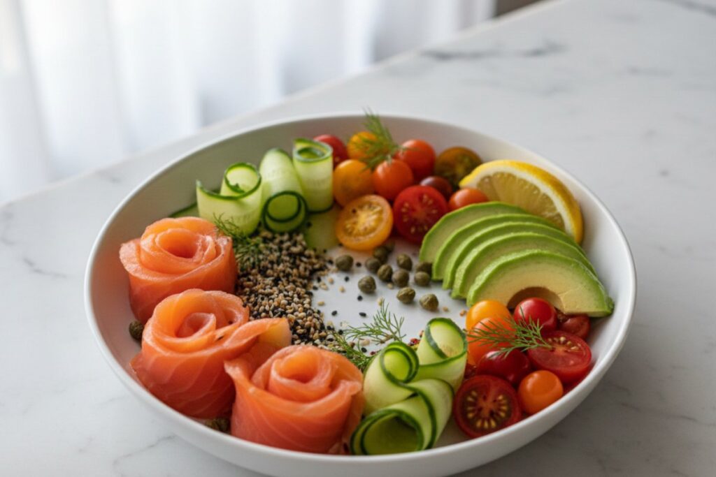 Sophisticated smoked salmon bowl 26g protein restaurant quality photography