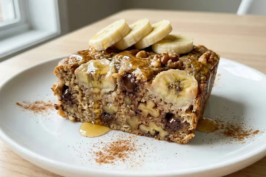 Banana nut high protein baked oatmeal square on white plate showing moist texture with walnuts and chocolate chips
