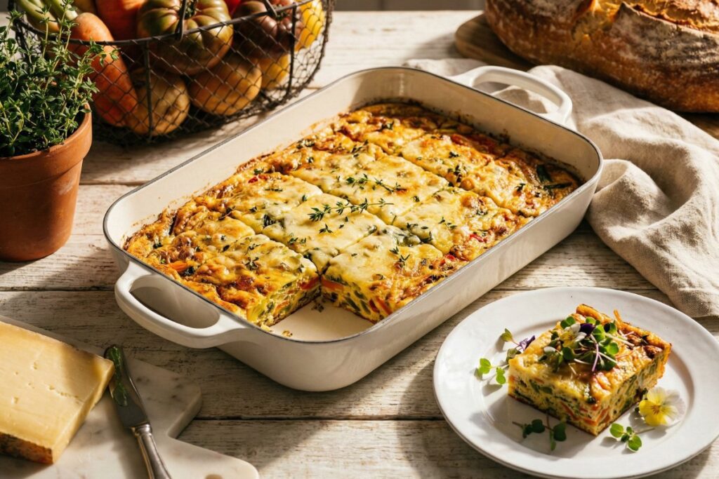 Rustic luxury veggie frittata Le Creuset 14g protein farmhouse elegant 