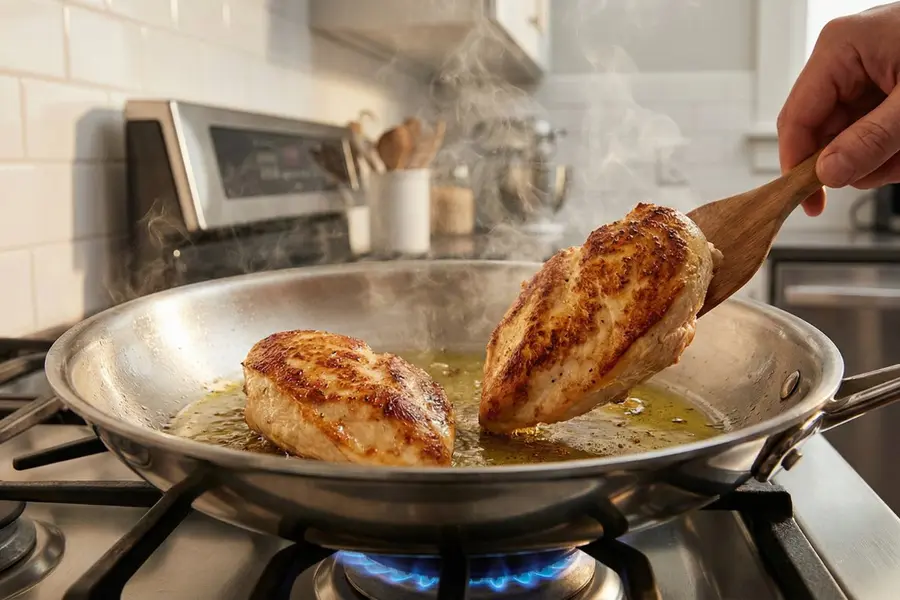 Golden brown chicken breasts searing in skillet for healthy Marry Me Chicken recipe