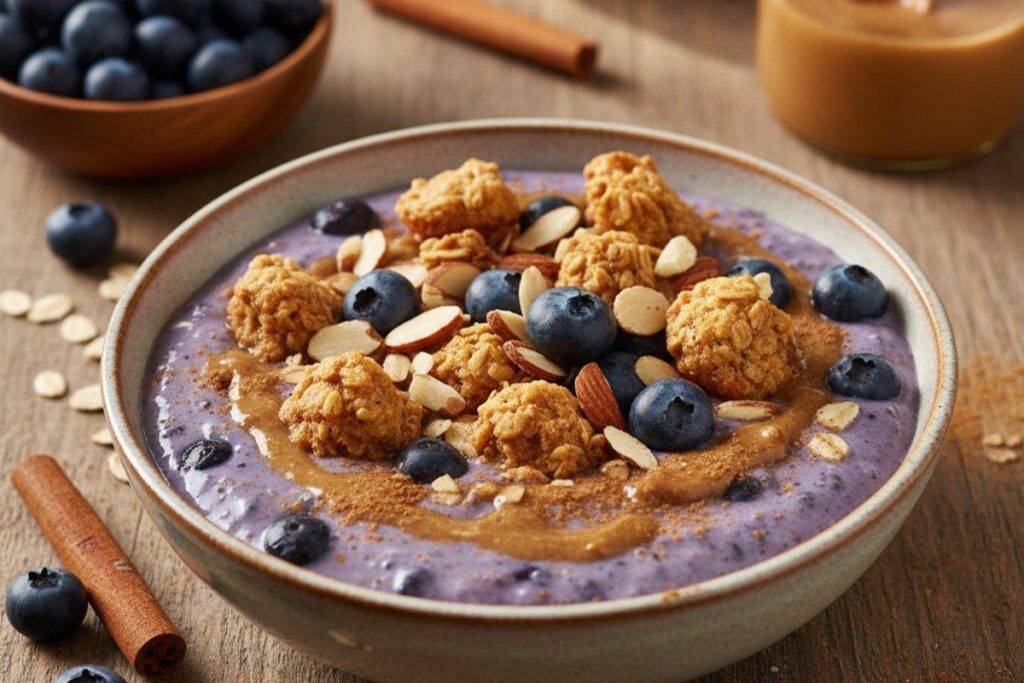 Blueberry muffin smoothie bowl with oats and cinnamon, tastes like muffins