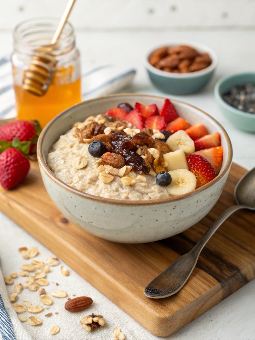 High Protein Overnight Oats high protein overnight oats with banana, berries, and almonds – healthy make ahead breakfast bowl