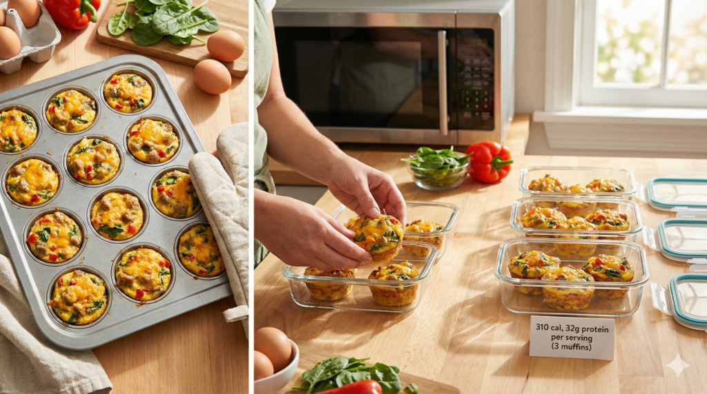 Egg muffin breakfast meal prep, 12 muffins portioned for 4 days