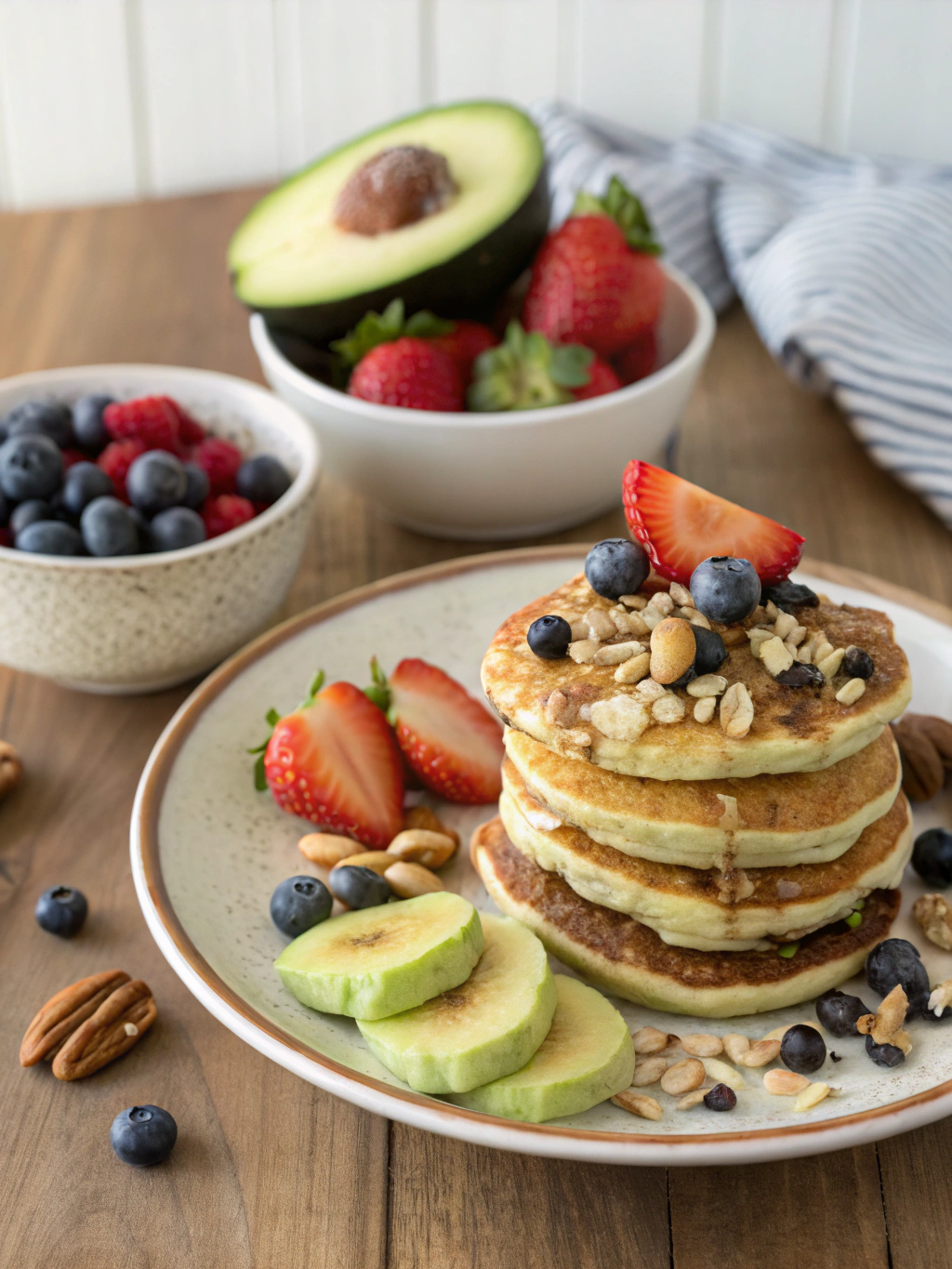gluten free breakfast pancakes with fresh fruits and avocado – healthy easy travel friendly breakfast idea