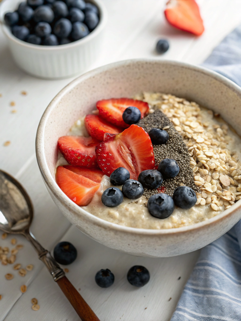 Overnight oats for weight loss with strawberries and blueberries in a bowl — healthy no-cook breakfast for travel or busy mornings.