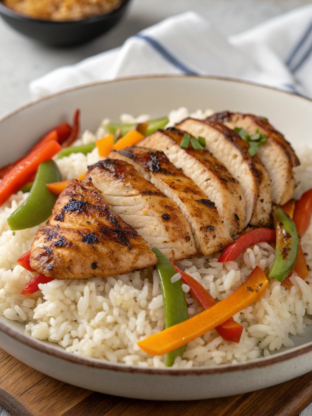 high protein chicken and rice Grilled high-protein chicken and rice bowl with colorful vegetables — a healthy and delicious meal prep option.
