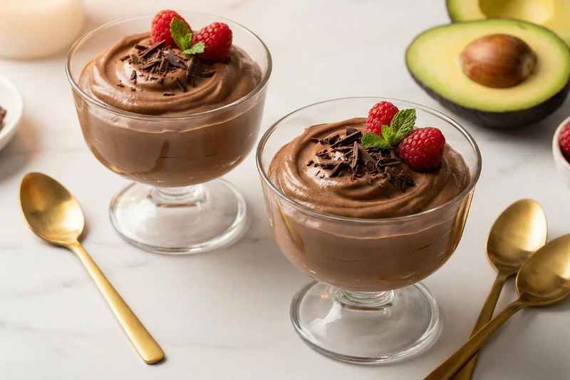 Creamy chocolate avocado mousse in glass dessert cups topped with raspberries and chocolate shavings