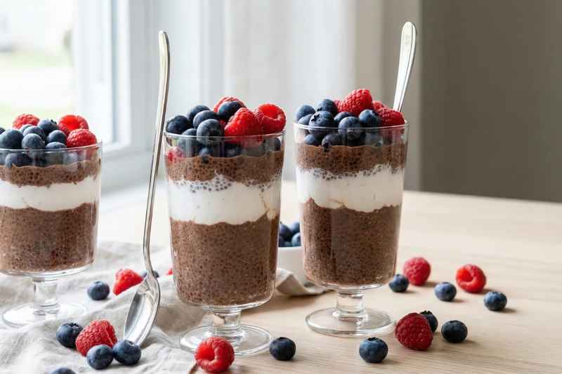 Layered chocolate chia pudding parfait with coconut cream and fresh berries in glass