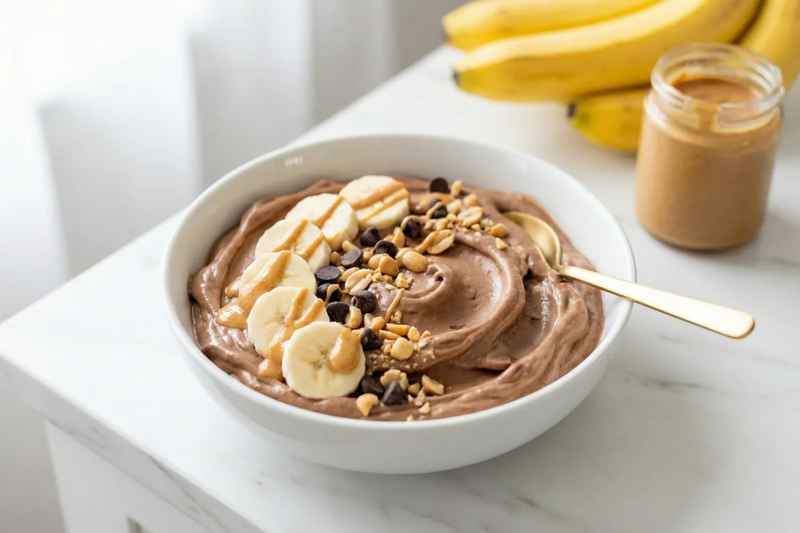 Creamy chocolate peanut butter banana nice cream in white bowl topped with banana slices, chocolate chips, and peanut butter drizzle