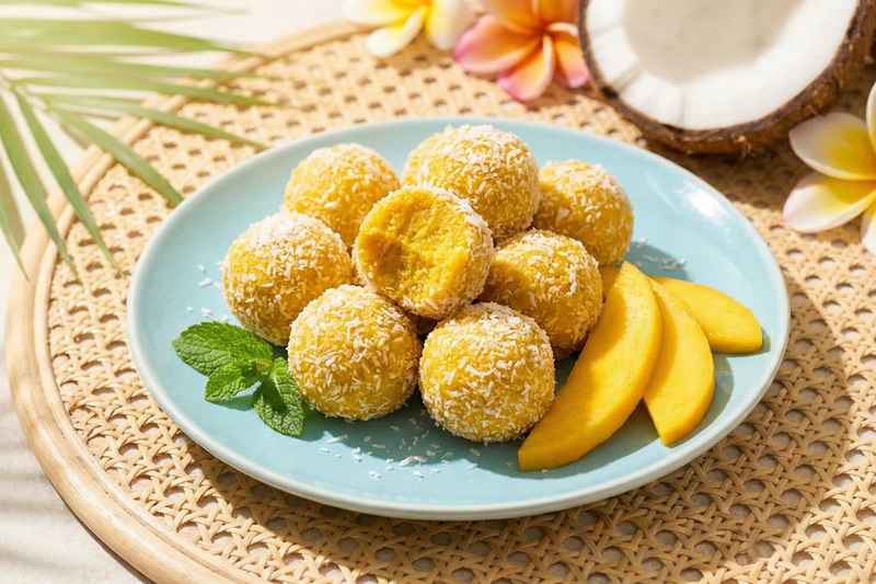 Golden coconut mango energy bites rolled in shredded coconut on light blue plate with fresh mango