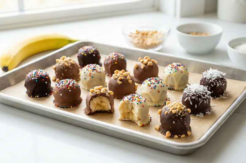 Frozen banana bites dipped in chocolate with various toppings including nuts and coconut