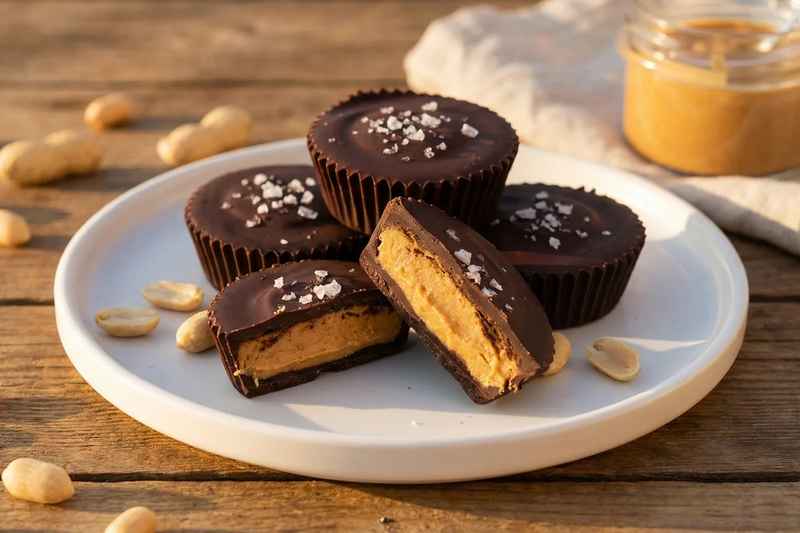 Homemade vegan peanut butter cups with one cut in half showing creamy peanut butter filling