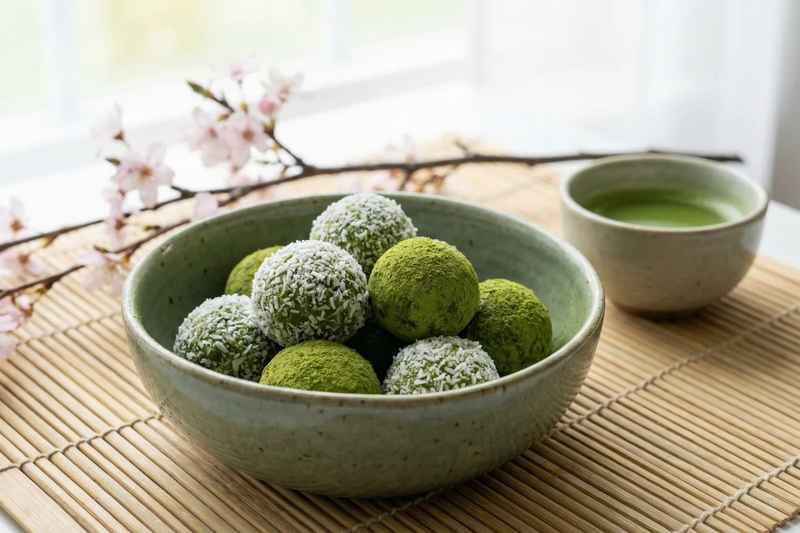 Vibrant green matcha coconut energy balls in ceramic bowl with Japanese-inspired presentation
