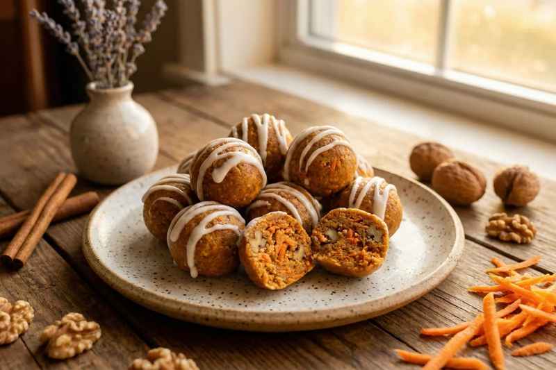 No bake carrot cake energy bites with coconut drizzle showing shredded carrots inside on ceramic plate