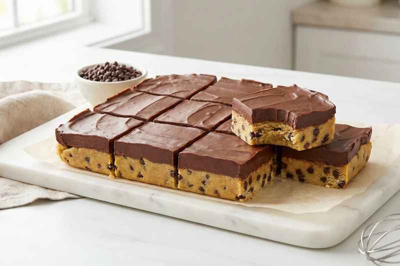 No bake cookie dough bars with chocolate topping showing layers of cookie dough and chocolate chips