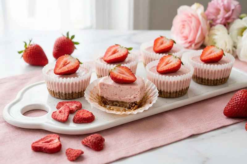 Individual strawberry cheesecake bites with pink filling and fresh strawberry topping