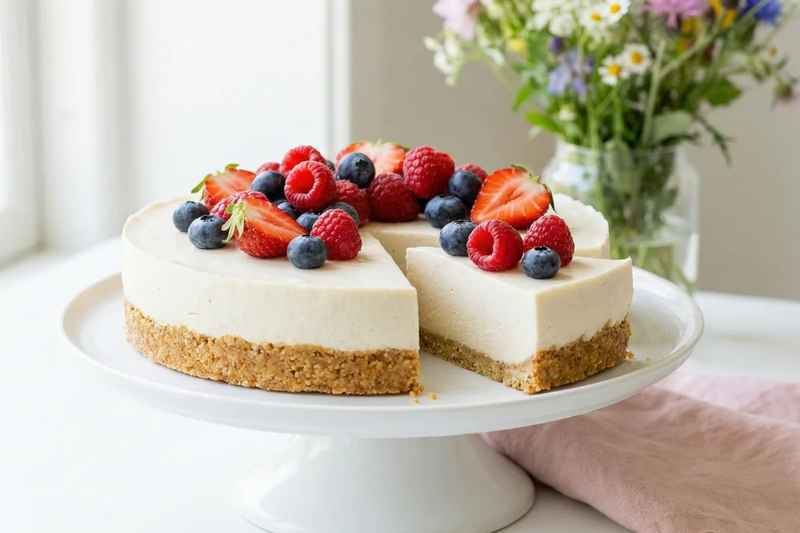 Creamy no bake vegan cheesecake topped with fresh berries on white cake stand with one slice cut