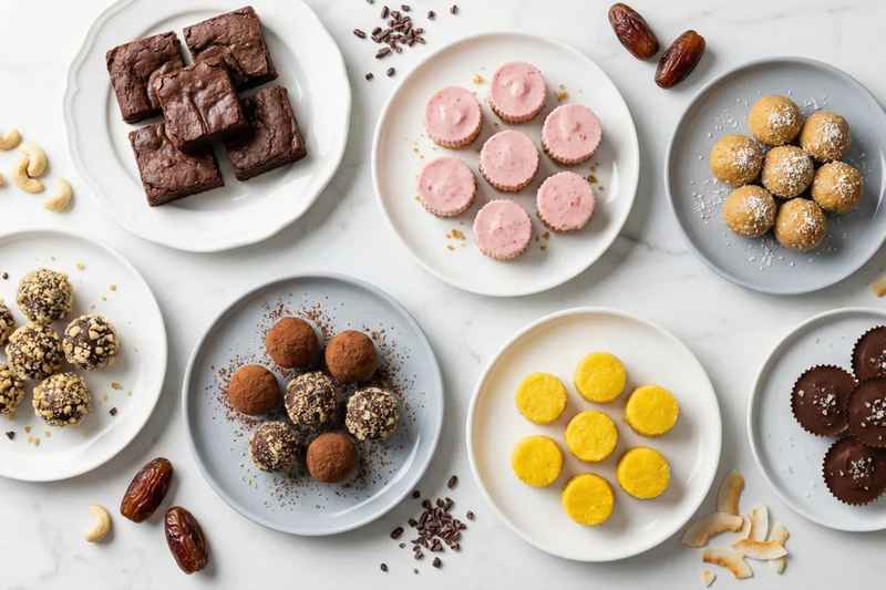 Overhead view of six different no bake vegan desserts including brownies, cheesecake bites, and chocolate truffles arranged on marble surface