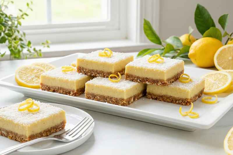 Bright yellow no bake vegan lemon bars with coconut crust garnished with fresh lemon slices