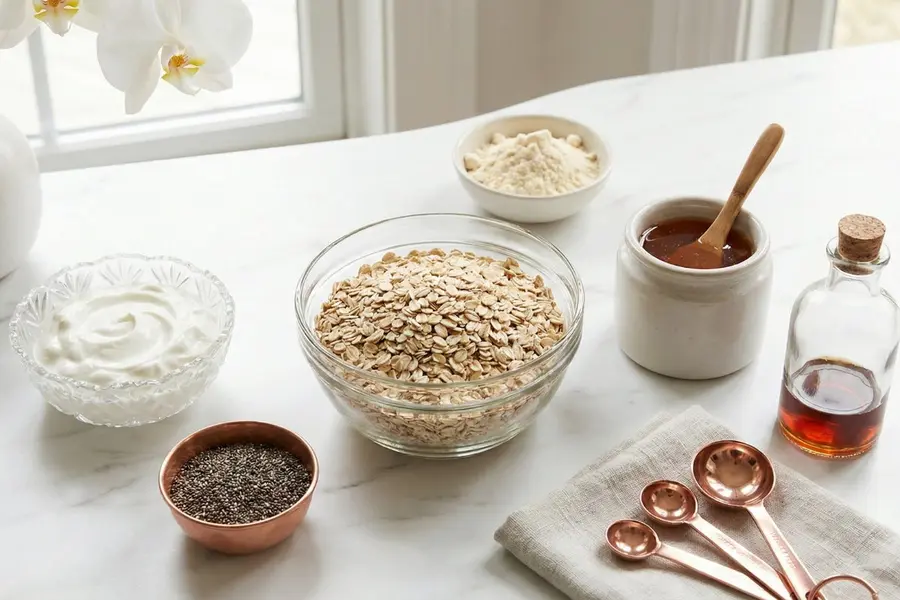 High protein overnight oats base ingredients in elegant bowls on white marble - oats, protein powder, Greek yogurt, chia seeds, honey