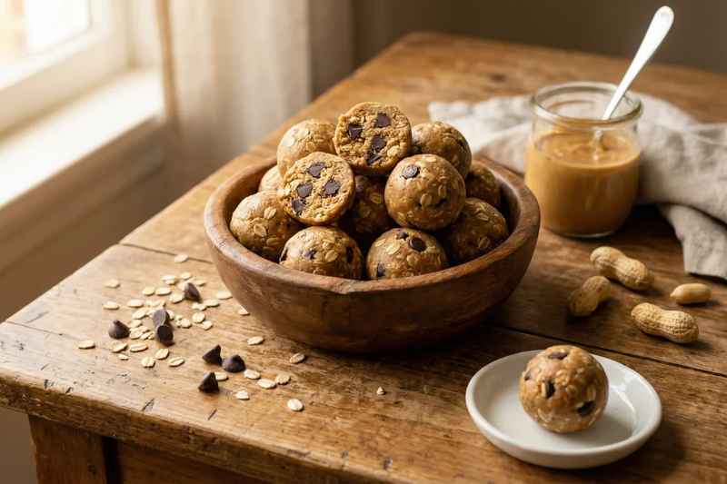 Wooden bowl filled with peanut butter chocolate energy balls with visible chocolate chips