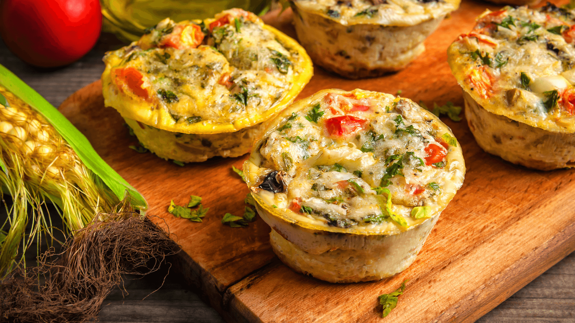 Golden baked turkey and vegetable egg muffins with fresh herbs and diced tomatoes in muffin tin