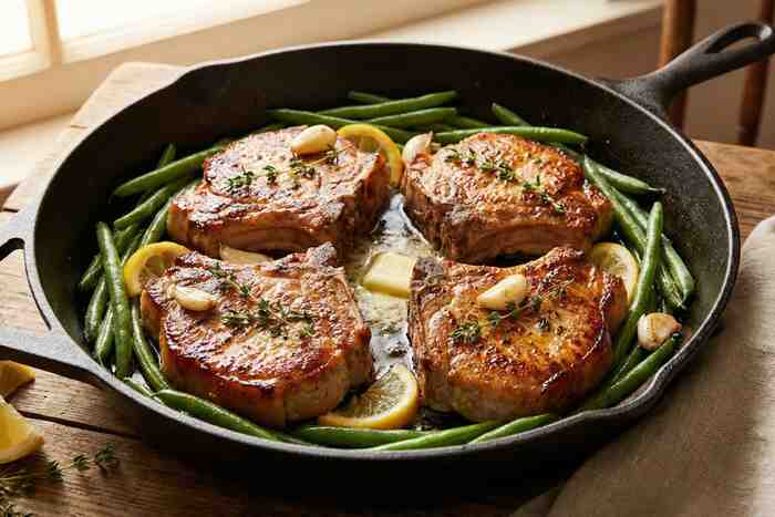 Lemon garlic pork chops with green beans in butter sauce, classic 25 minute dinner