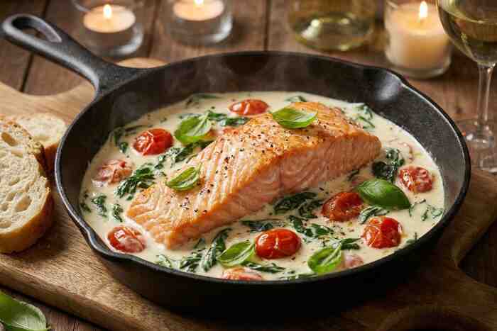 Tuscan salmon in creamy garlic sauce with spinach and tomatoes, 25 minute dinner