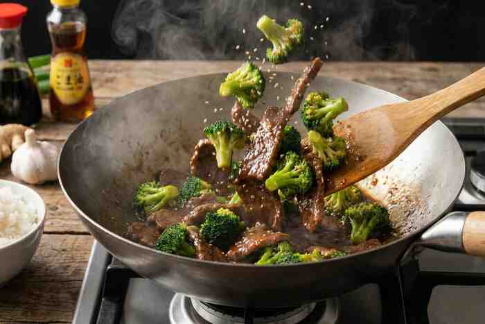 Beef and broccoli stir-fry in wok, quick high-protein Asian dinner