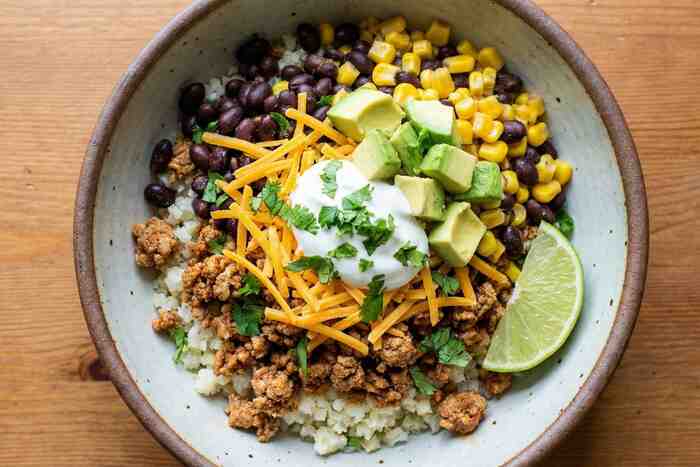 Ground turkey taco bowl with black beans and avocado, quick high-protein meal