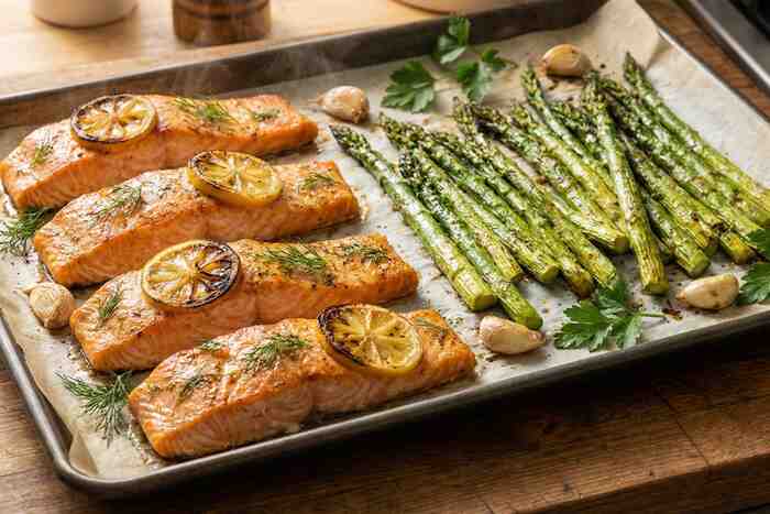 Sheet pan lemon garlic salmon with asparagus, 30 minute high protein dinner