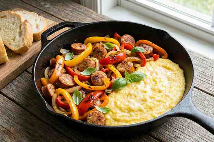 Spicy chicken sausage with peppers and onions, colorful 20 minute dinner