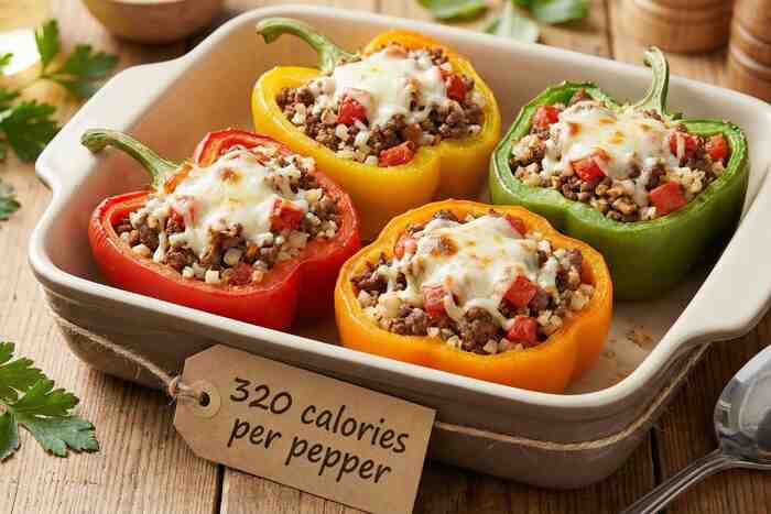 Stuffed bell peppers with ground beef and cauliflower rice, 320 calorie weight loss dinner