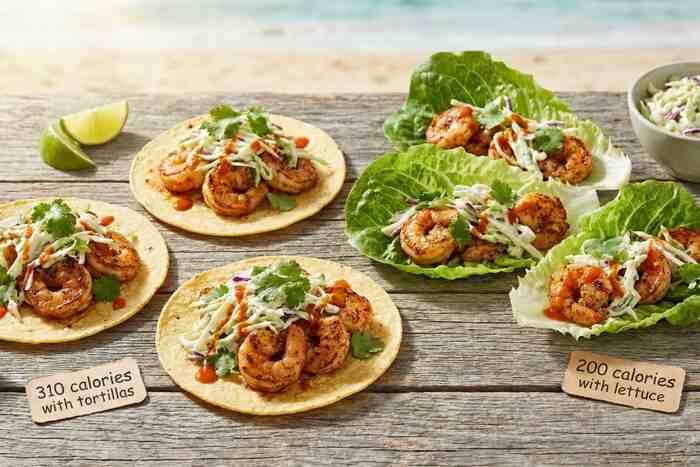 Grilled shrimp tacos with cabbage slaw, 310 calorie or 200 calorie weight loss dinner options