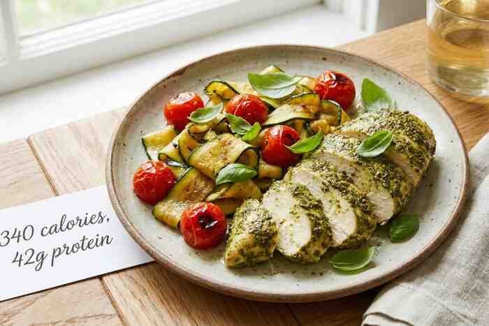 Pesto chicken with zucchini and tomatoes, 340 calorie flavorful weight loss dinner