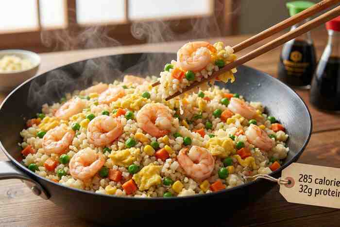Cauliflower fried rice with shrimp, low-carb 285 calorie weight loss dinner