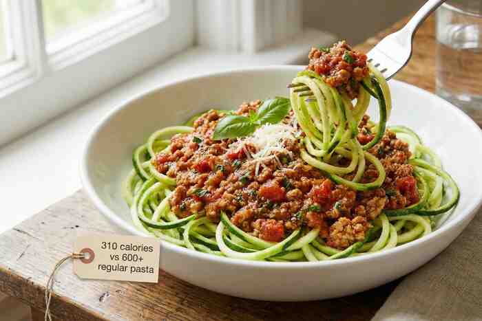 Zucchini noodle bolognese with turkey, 310 calorie pasta alternative for weight loss