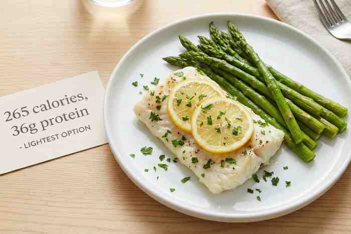 Baked cod with lemon and asparagus, 265 calorie lean protein weight loss dinner