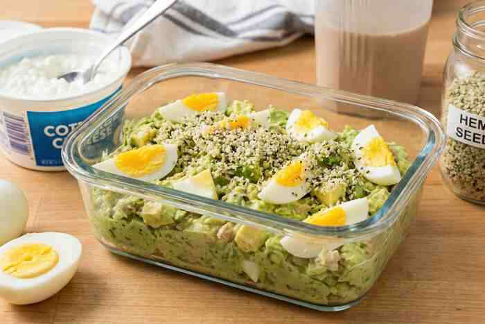 Protein-packed tuna avocado salad with eggs and cottage cheese, 42g protein, no mayo