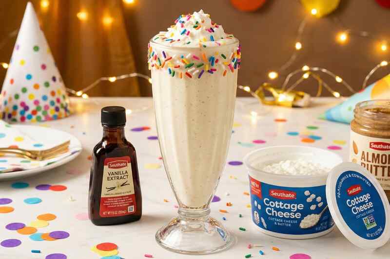 Vanilla cake batter protein smoothie with 30g protein, tastes like birthday cake