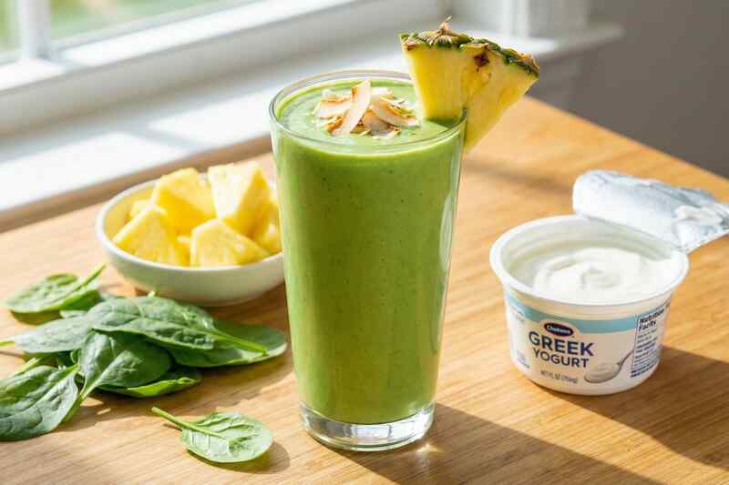 Green protein smoothie with spinach and pineapple, 26g protein
