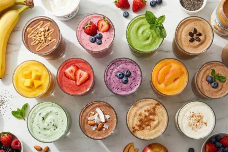 15 protein smoothie recipes in glasses showing vibrant colors without protein powder