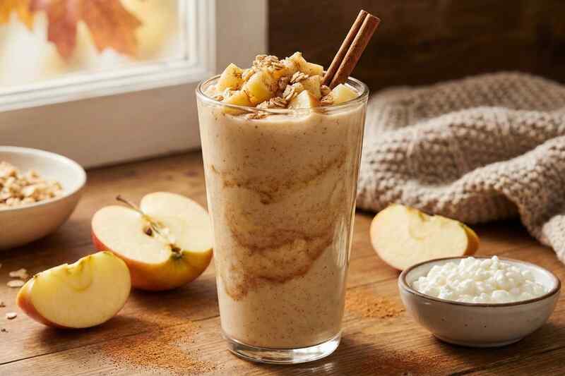 Apple pie protein smoothie with cinnamon and oats, 26g protein