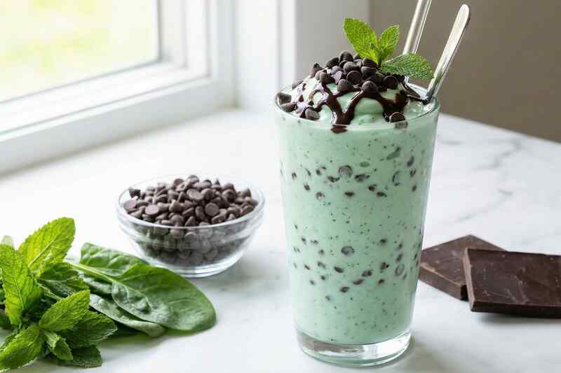 Mint chocolate chip protein smoothie with spinach, 28g protein