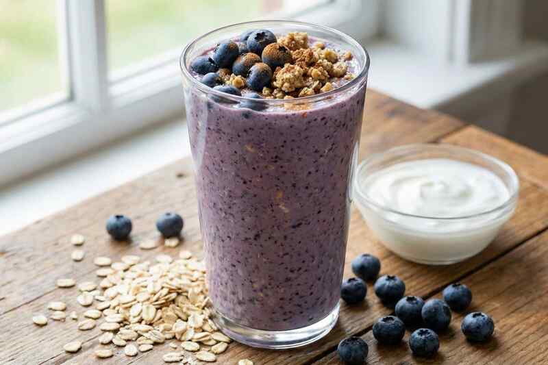 Blueberry muffin protein smoothie with oats and Greek yogurt, 29g protein
