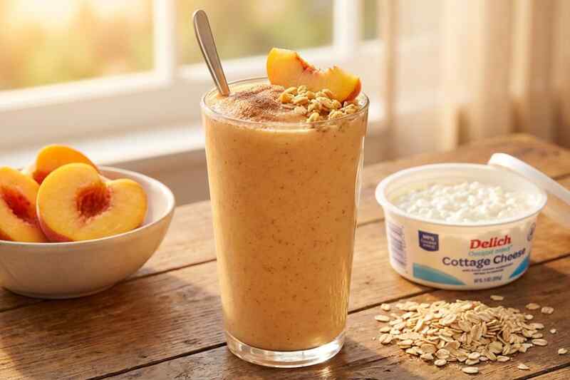 Peach cobbler protein smoothie with cottage cheese, 26g protein