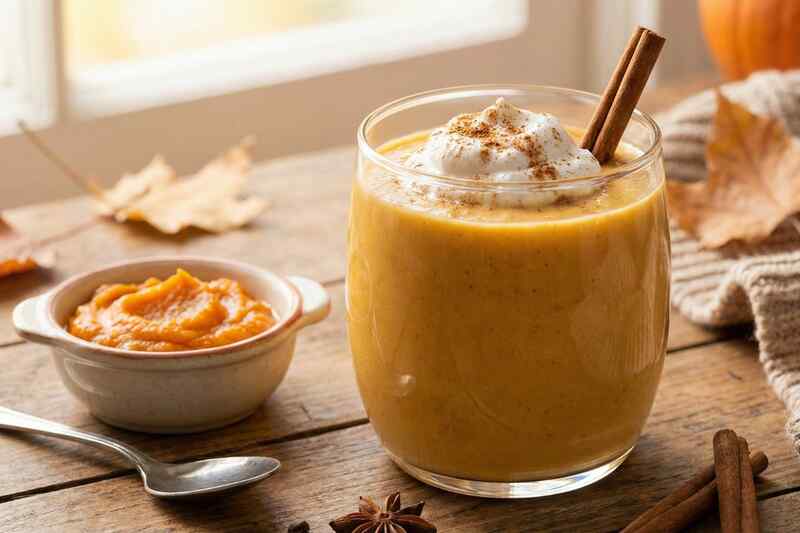 Pumpkin spice protein smoothie with 27g protein, fall flavors year-round