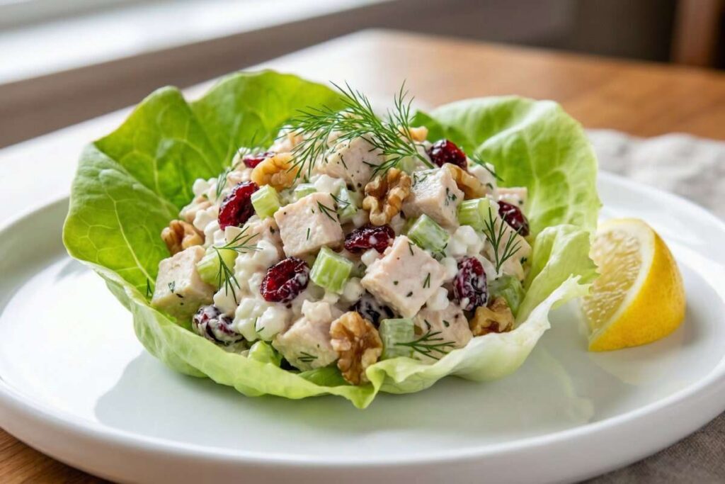 Cottage cheese chicken salad on lettuce leaves, high-protein lunch recipe