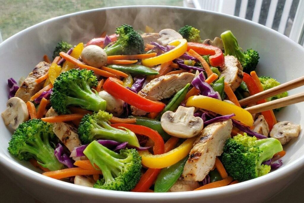Massive chicken and vegetable stir-fry with 4 cups volume, low-calorie volumetric eating recipe